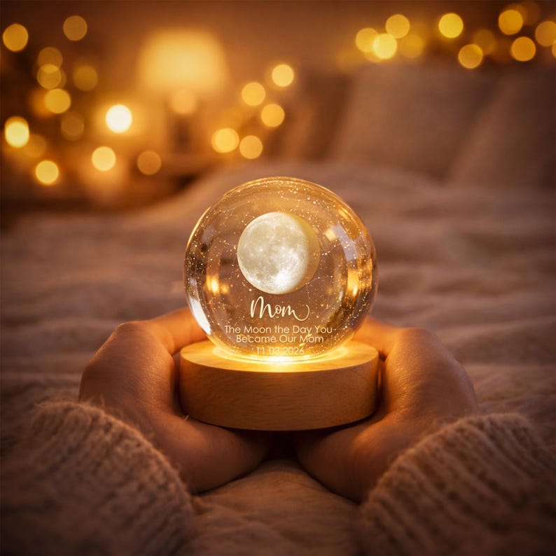 Personalized Moon Phase by Date Crystal Ball Light, Moon Night Light