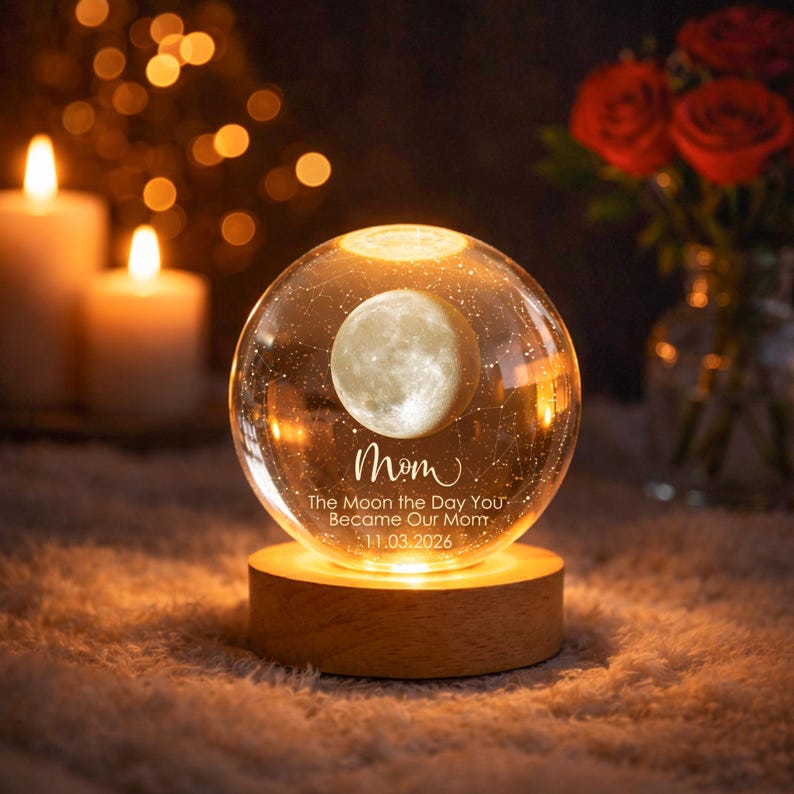 Personalized Moon Phase by Date Crystal Ball Light, Moon Night Light