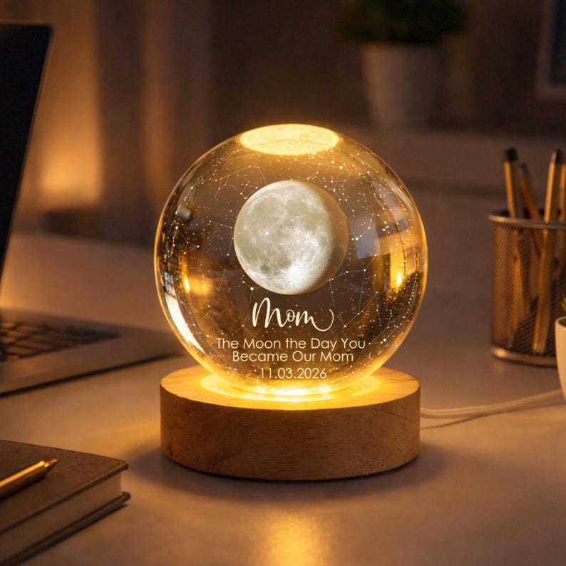 Personalized Moon Phase by Date Crystal Ball Light, Moon Night Light