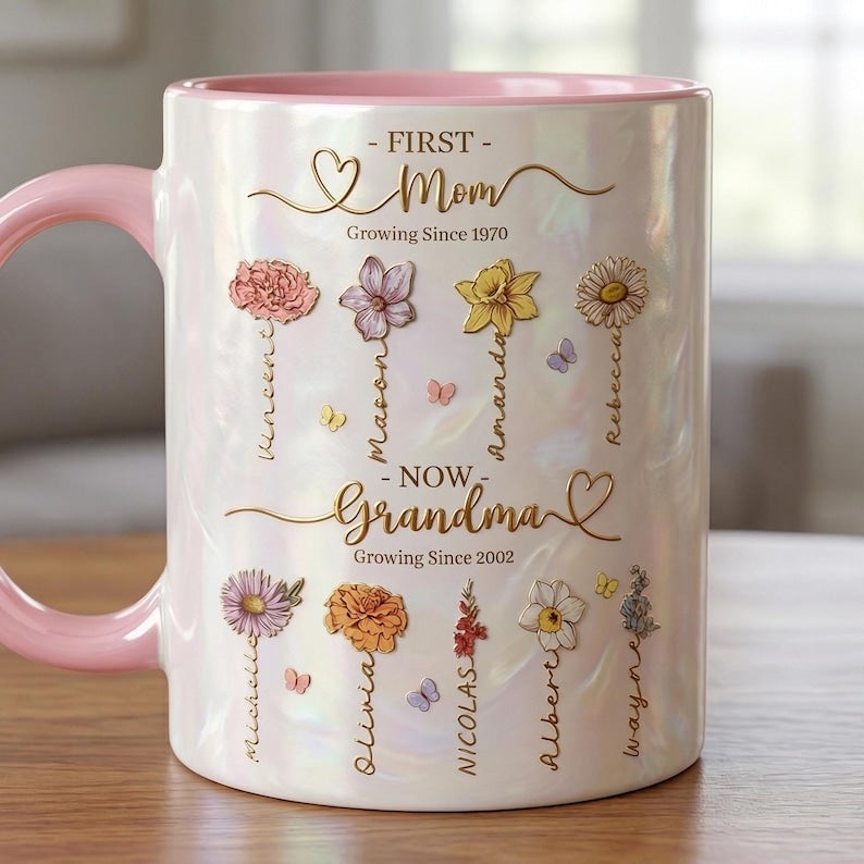 Personalized Mom Grandma Flowers Mug, Faux Crystal 3D Effect Cup, Mother's Day Gifts, Grandmas Garden