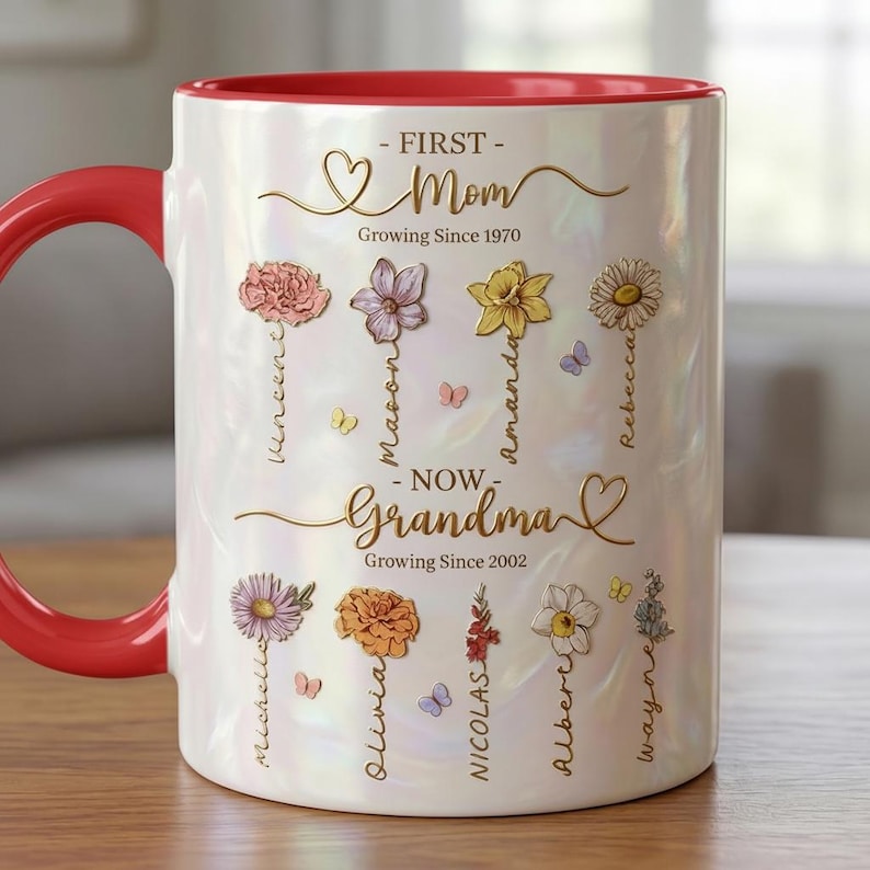 Personalized Mom Grandma Flowers Mug, Faux Crystal 3D Effect Cup, Mother's Day Gifts, Grandmas Garden