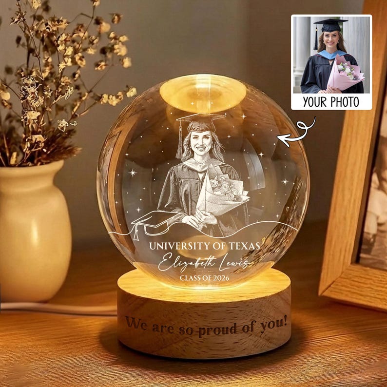 Personalized Photo Graduation Gift, Class of 2026 Crystal Ball Night Light