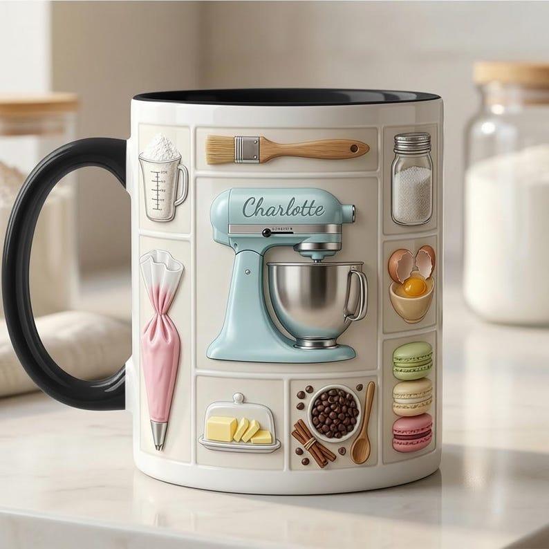Custom Name Baker Faux 3D Effect Mug, Personalized Baking Tools Design, Kitchen Gift