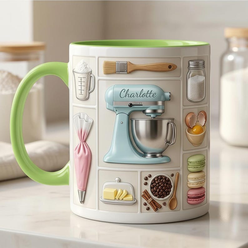 Custom Name Baker Faux 3D Effect Mug, Personalized Baking Tools Design, Kitchen Gift