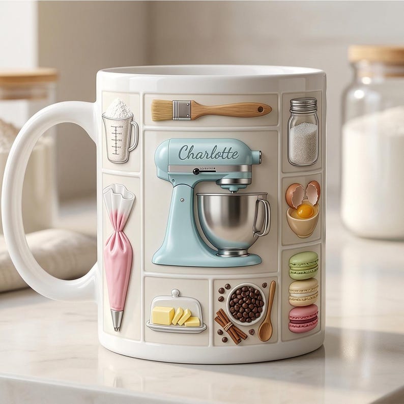 Custom Name Baker Faux 3D Effect Mug, Personalized Baking Tools Design, Kitchen Gift
