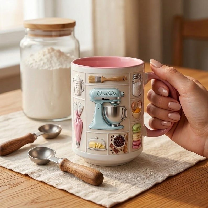 Custom Name Baker Faux 3D Effect Mug, Personalized Baking Tools Design, Kitchen Gift