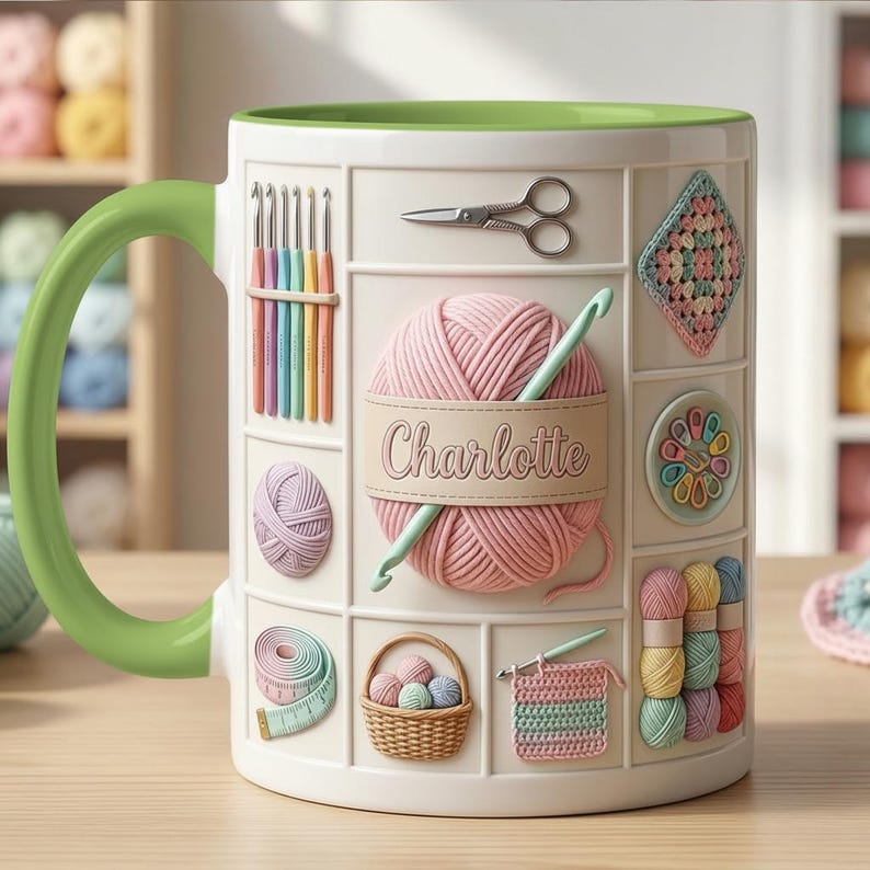 Custom Name Crochet Lover Mug, Personalized Crochet Lover Mug, Faux 3D Effect Accent Mug, Flat Surface