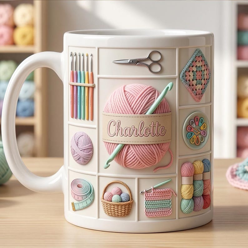 Custom Name Crochet Lover Mug, Personalized Crochet Lover Mug, Faux 3D Effect Accent Mug, Flat Surface