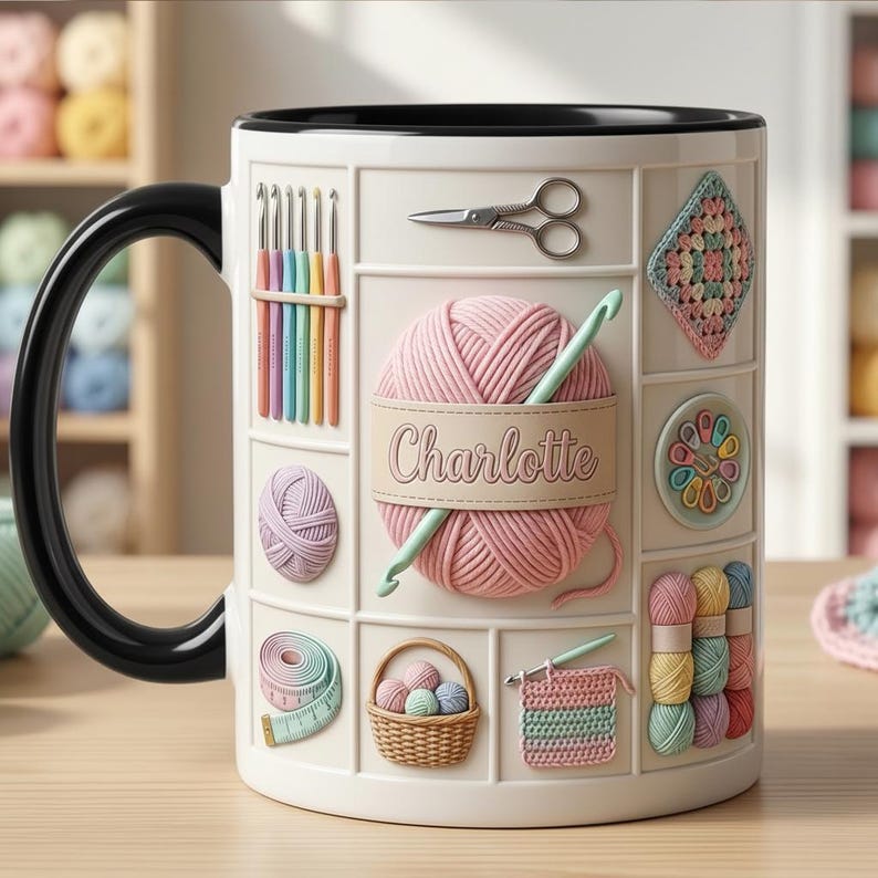 Custom Name Crochet Lover Mug, Personalized Crochet Lover Mug, Faux 3D Effect Accent Mug, Flat Surface