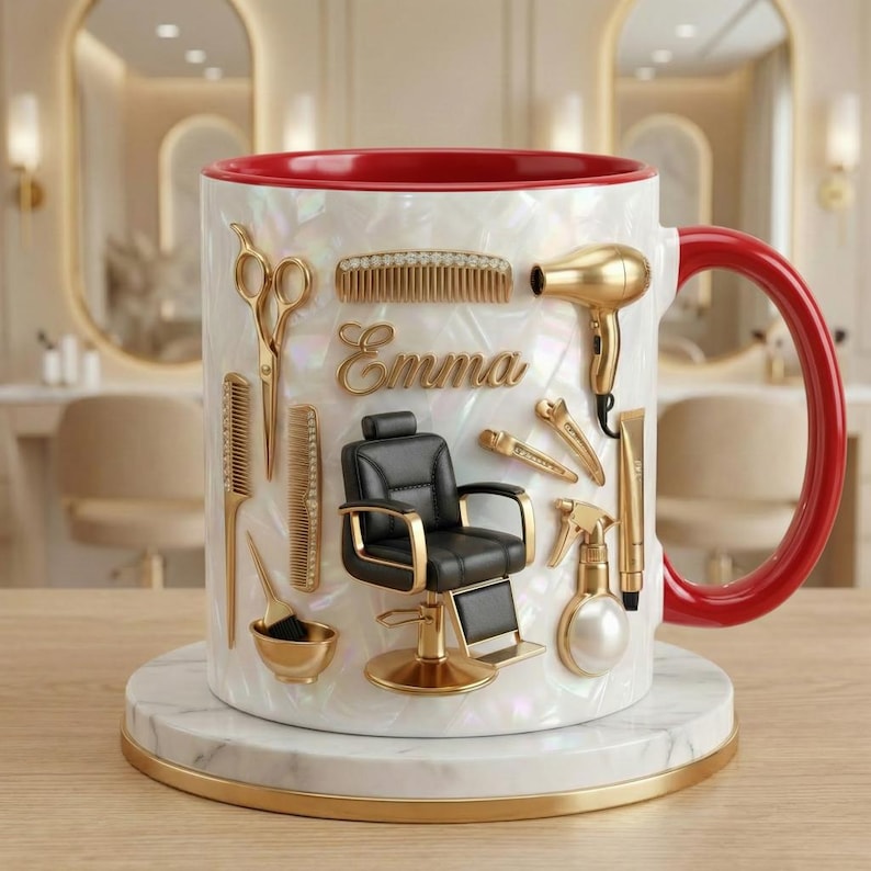Custom Name Hairstylist Faux 3D Effect Mug, Personalized Salon Decor, Hairdresser Gift, Flat Surface
