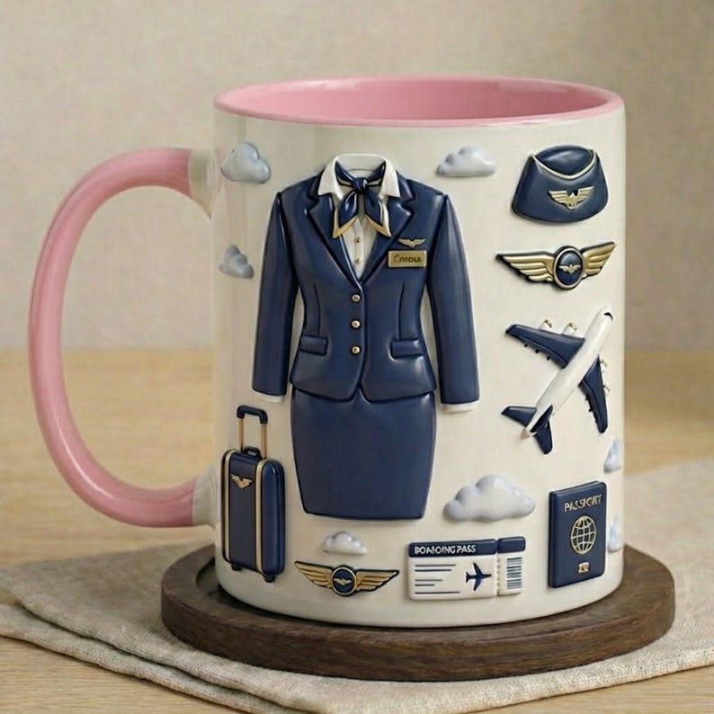 Personalized Flight Attendant Mug, Custom Name Stewardess Coffee Cup, Aviation Gift for Her, Airline Crew Mug, Travel Lover Gift