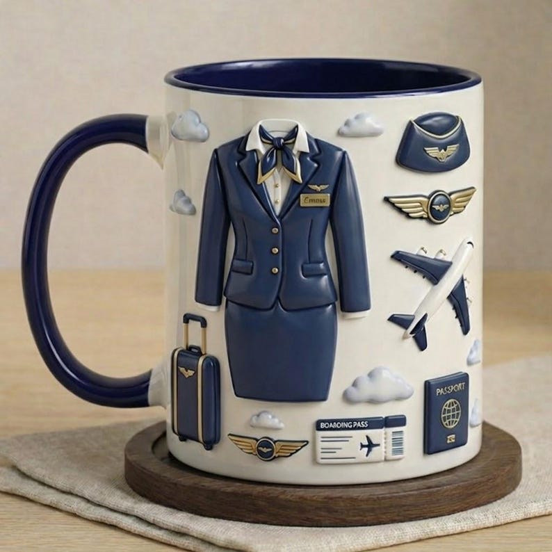 Personalized Flight Attendant Mug, Custom Name Stewardess Coffee Cup, Aviation Gift for Her, Airline Crew Mug, Travel Lover Gift