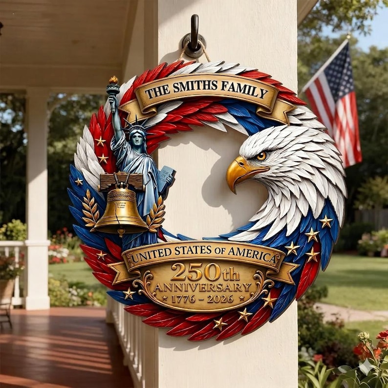 250th Anniversary America Door Sign, 3D Effect, 1776–2026 Patriotic Wooden Sign, America 250 Decor, 250th Anniversary Porch Wooden Sign