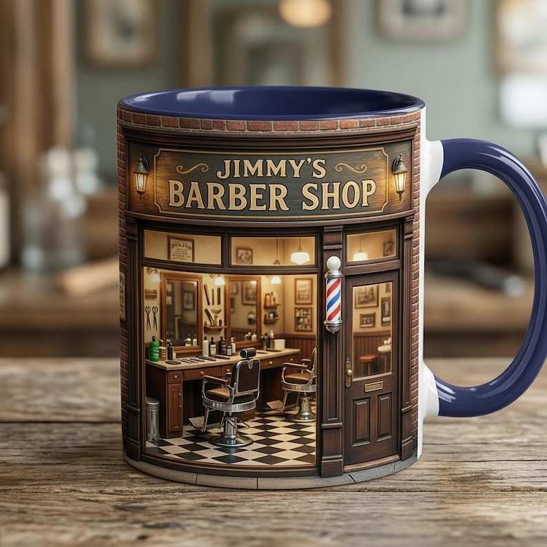 Personalized Barber Shop Owner Mug, Barbershop Coffee Cup, Barber Gift for Him, Hairstylist Birthday Gift, Faux 3D Effect, Flat Surfave
