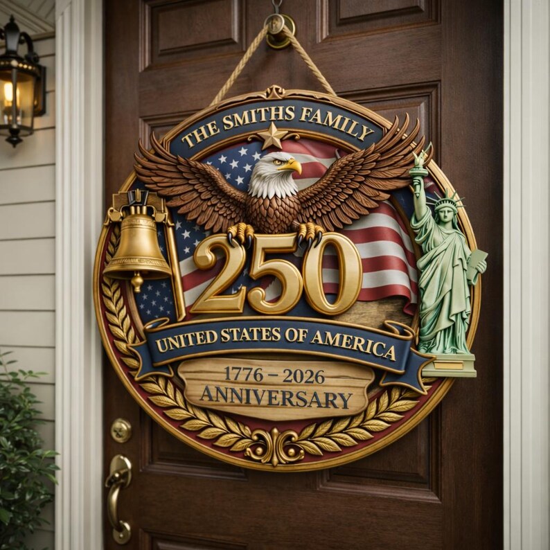 America 250th Anniversary Wooden Door Sign, USA Patriotic Eagle Wreath, Freedom 1776 2026 Independence Day Gift, Custom Family Name Sign