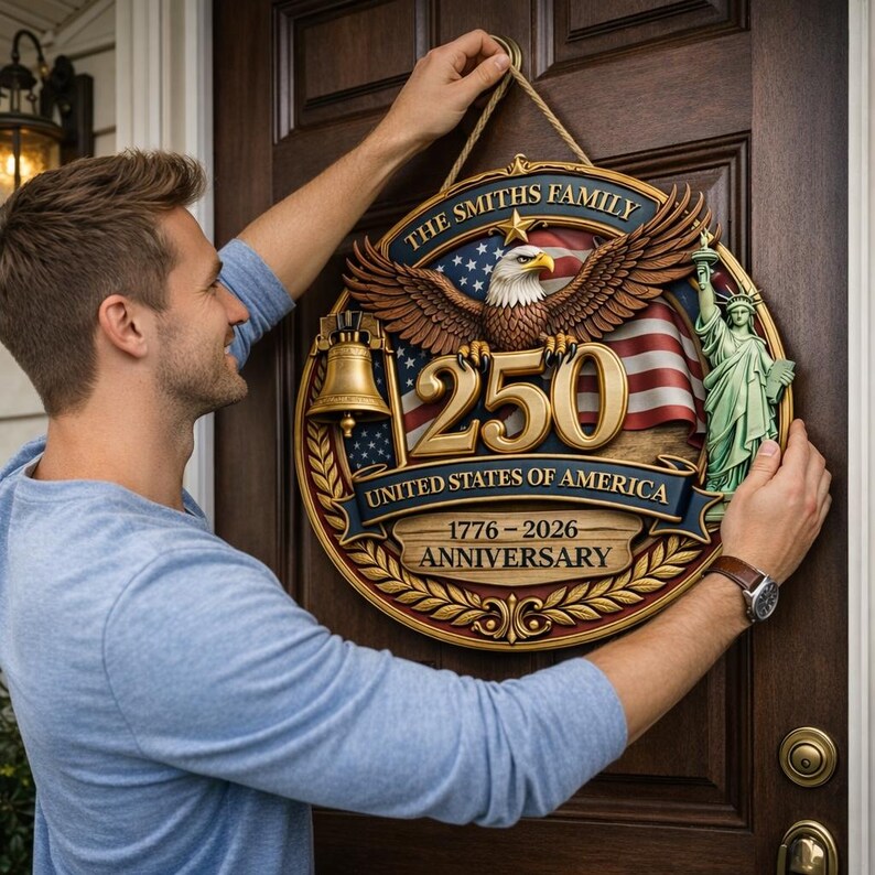America 250th Anniversary Wooden Door Sign, USA Patriotic Eagle Wreath, Freedom 1776 2026 Independence Day Gift, Custom Family Name Sign