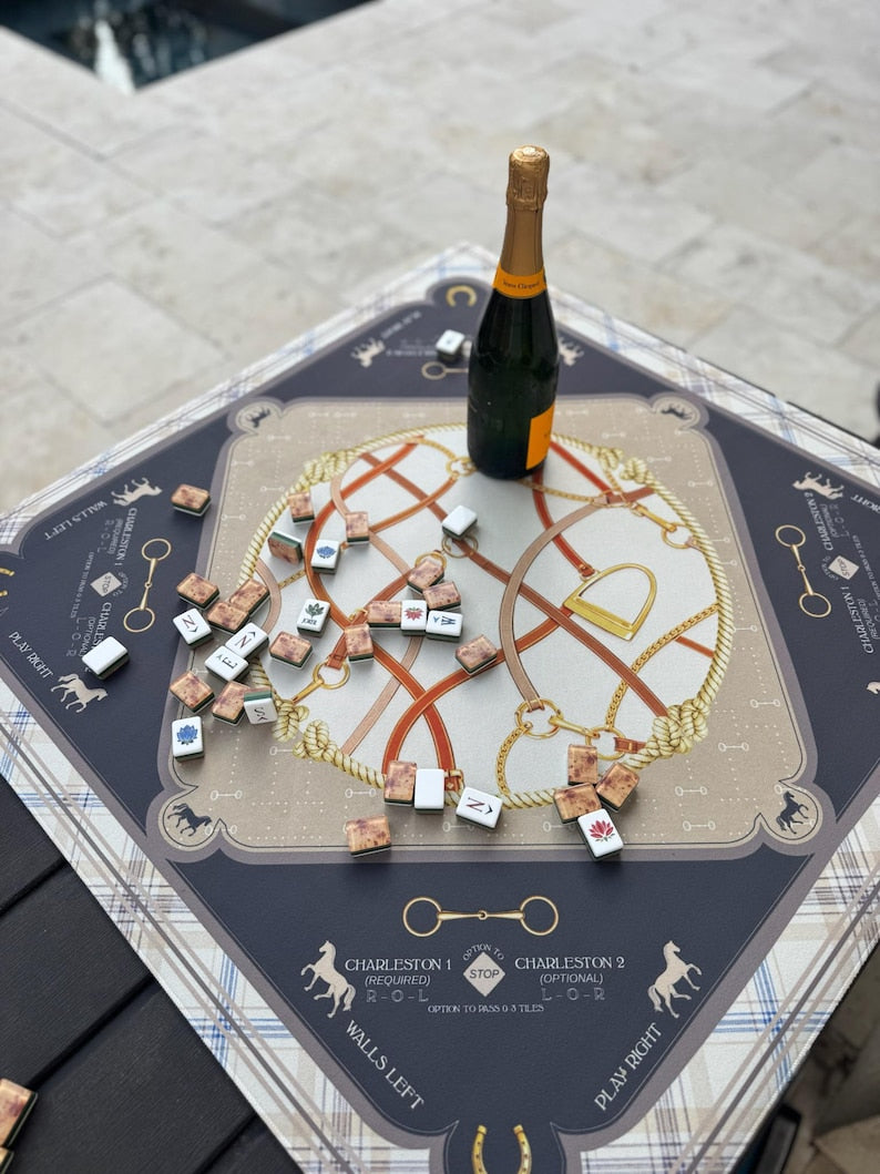 Saddles & Silk Mahjong Mat, Equestrian Mahjong Mat, Horse Bit, Preppy Luxury Scarf Table Mat