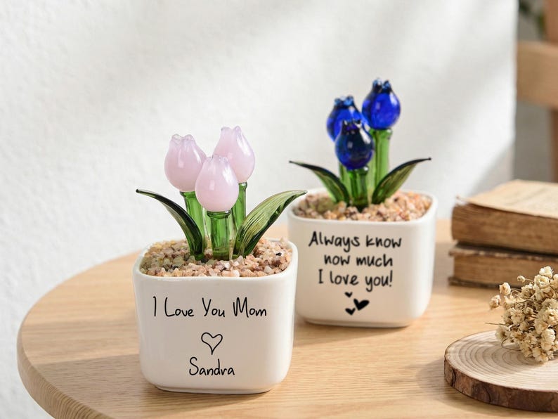Glass Tulip Flower Pot for Mom, Personalized Mother’s Day Gift, Handmade Everlasting Flower, Custom Keepsake for Her