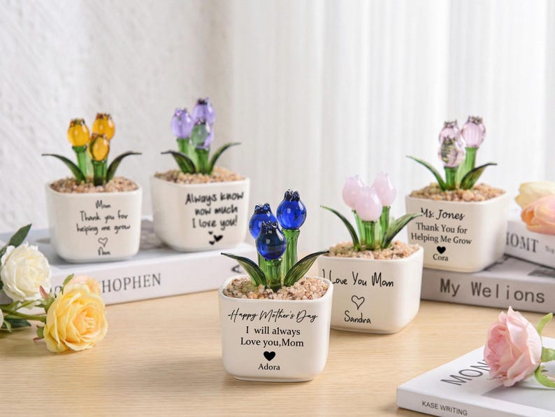 Glass Tulip Flower Pot for Mom, Personalized Mother’s Day Gift, Handmade Everlasting Flower, Custom Keepsake for Her