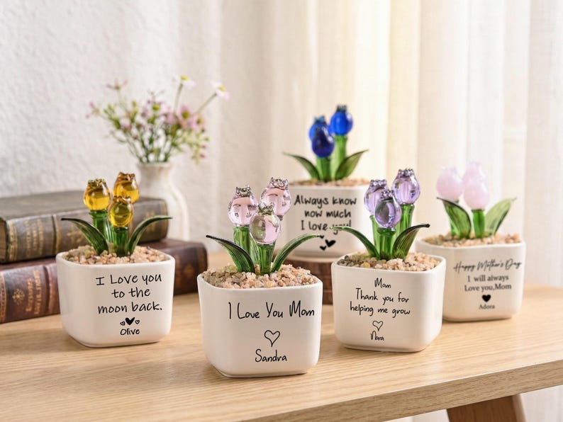 Glass Tulip Flower Pot for Mom, Personalized Mother’s Day Gift, Handmade Everlasting Flower, Custom Keepsake for Her