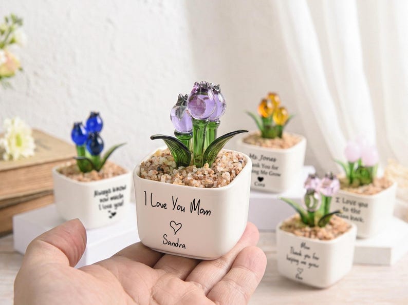Glass Tulip Flower Pot for Mom, Personalized Mother’s Day Gift, Handmade Everlasting Flower, Custom Keepsake for Her