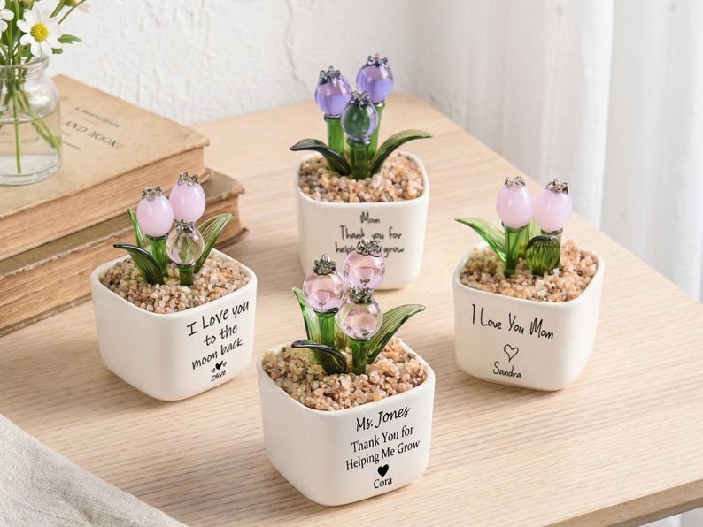 Glass Tulip Flower Pot for Mom, Personalized Mother’s Day Gift, Handmade Everlasting Flower, Custom Keepsake for Her