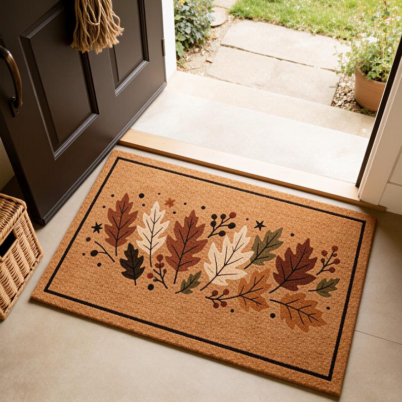 Fall Leaves Coir Doormat, Autumn Oak Leaf Welcome Mat, Thanksgiving Porch Decor, Aesthetic Nature Mat