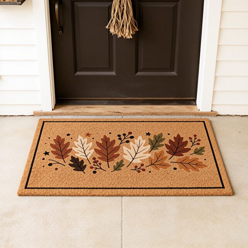 Fall Leaves Coir Doormat, Autumn Oak Leaf Welcome Mat, Thanksgiving Porch Decor, Aesthetic Nature Mat
