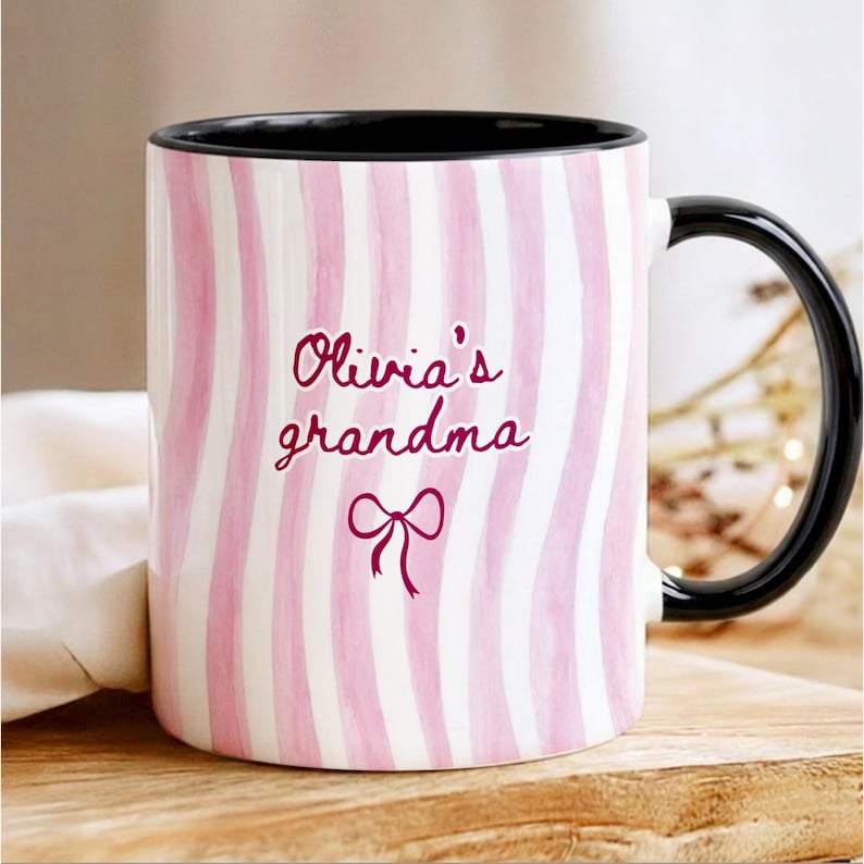 Personalized Grandma Stripe Mug, Coquette Striped Name Mug Gifts, Mother's Day Gift for Nana