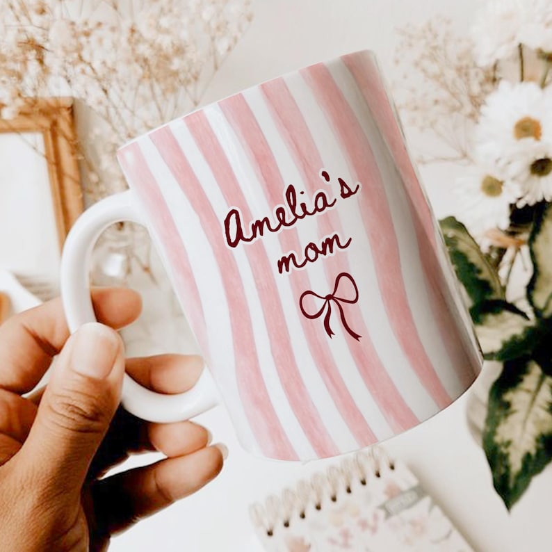 Personalized Grandma Stripe Mug, Coquette Striped Name Mug Gifts, Mother's Day Gift for Nana