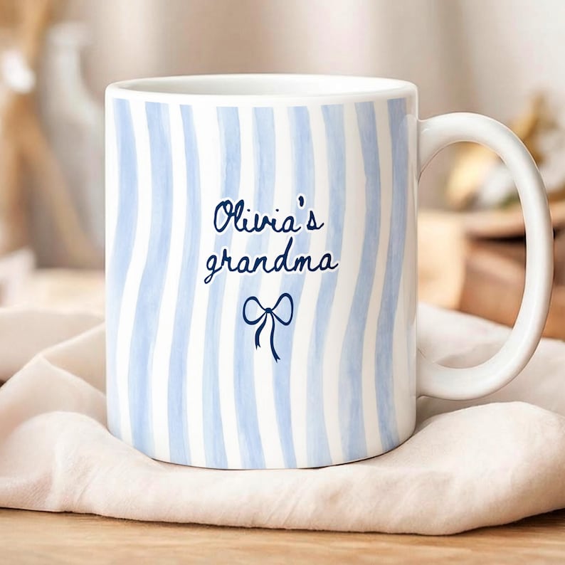 Personalized Grandma Stripe Mug, Coquette Striped Name Mug Gifts, Mother's Day Gift for Nana