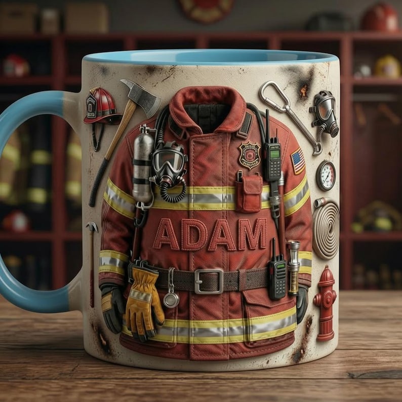 Personalized Firefighter Accent Mug, Fire Rescue Stuff Cup, Proud Fireman, Faux 3D Effect, 2D Flat