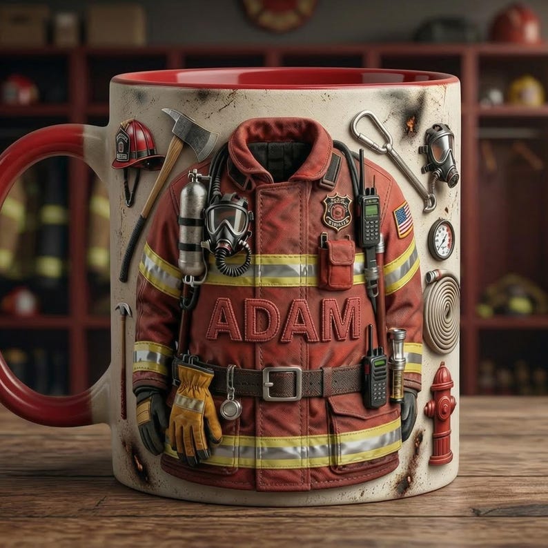 Personalized Firefighter Accent Mug, Fire Rescue Stuff Cup, Proud Fireman, Faux 3D Effect, 2D Flat