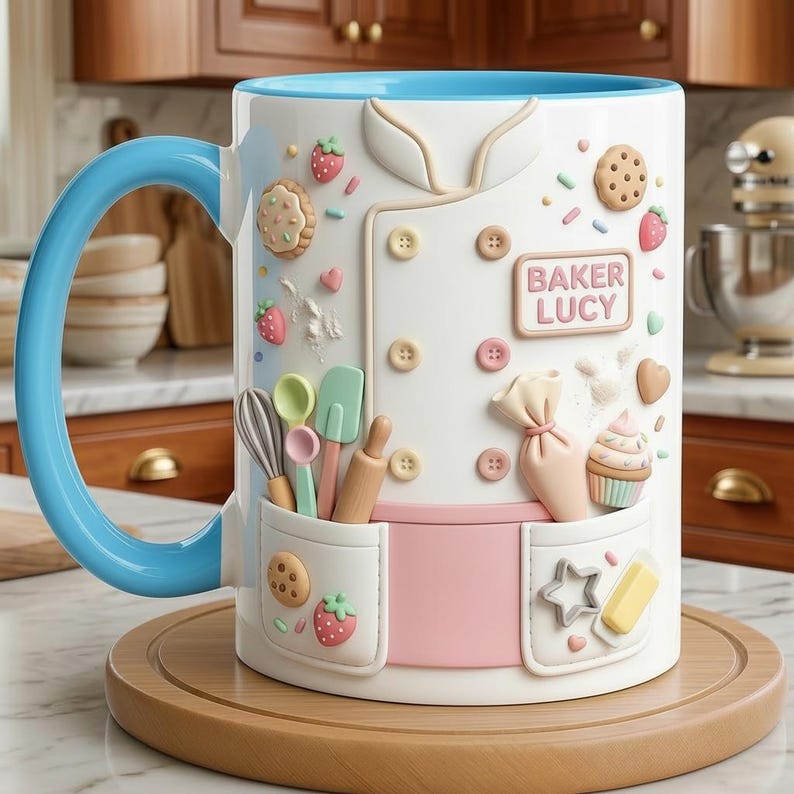 Custom Name Baker Faux 3D Effect Mug, Baking Tools Design, Kitchen Gift