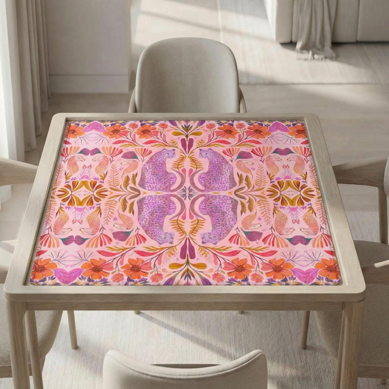 Betty Floral Leopard Mahjong Mat, Pink Cheetah Game Mat, Non Slip American Mahjong Table Cover