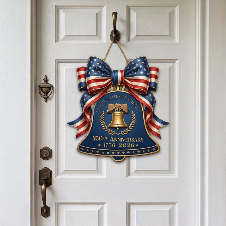 250 Years USA Liberty Bell Sign, Wooden Patriotic Door Hanger, Independence Day Decor, America Anniversary Gift