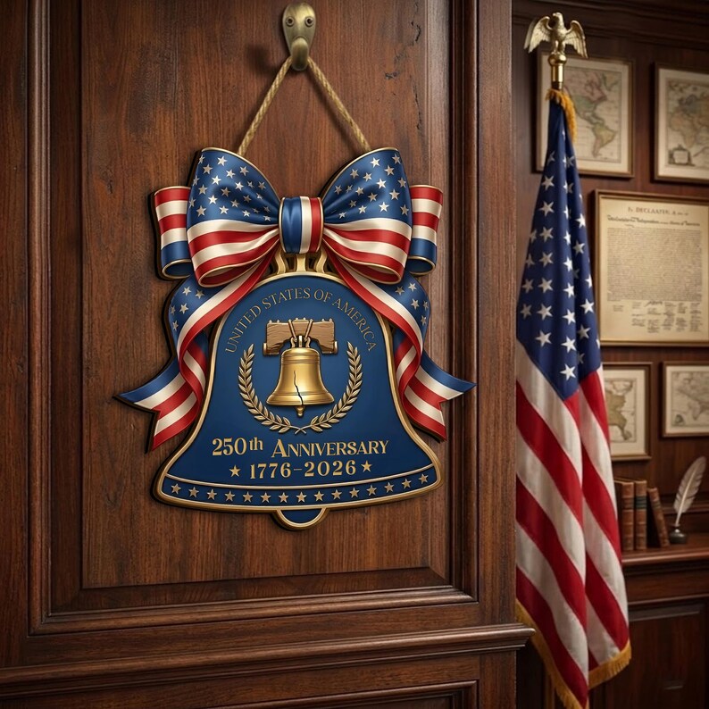 250 Years USA Liberty Bell Sign, Wooden Patriotic Door Hanger, Independence Day Decor, America Anniversary Gift
