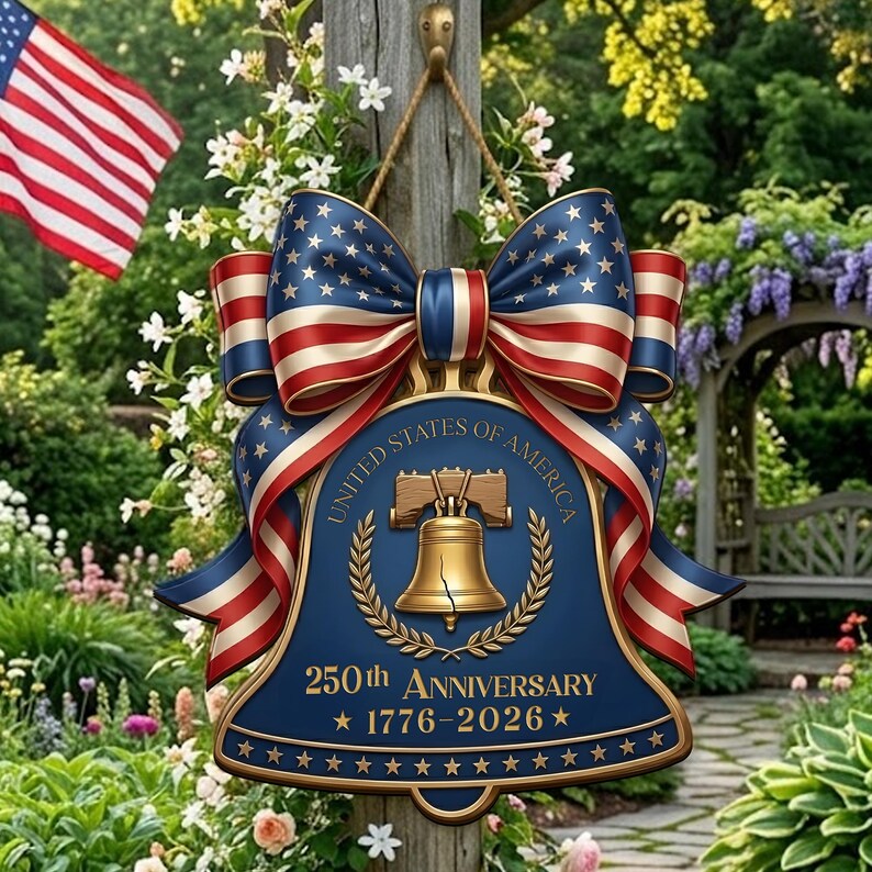 250 Years USA Liberty Bell Sign, Wooden Patriotic Door Hanger, Independence Day Decor, America Anniversary Gift