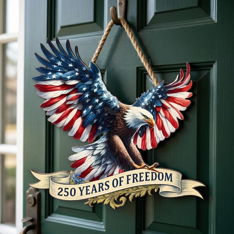 250 Years America Wooden Sign, Patriotic Door Decor, American Flag Eagle Wall Art, Independence Day Gift