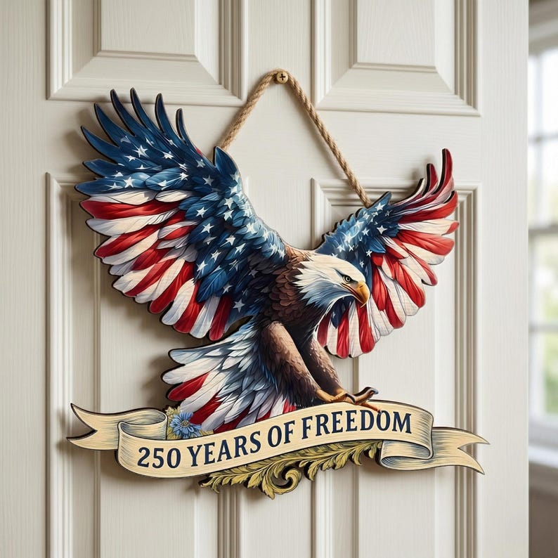 250 Years America Wooden Sign, Patriotic Door Decor, American Flag Eagle Wall Art, Independence Day Gift