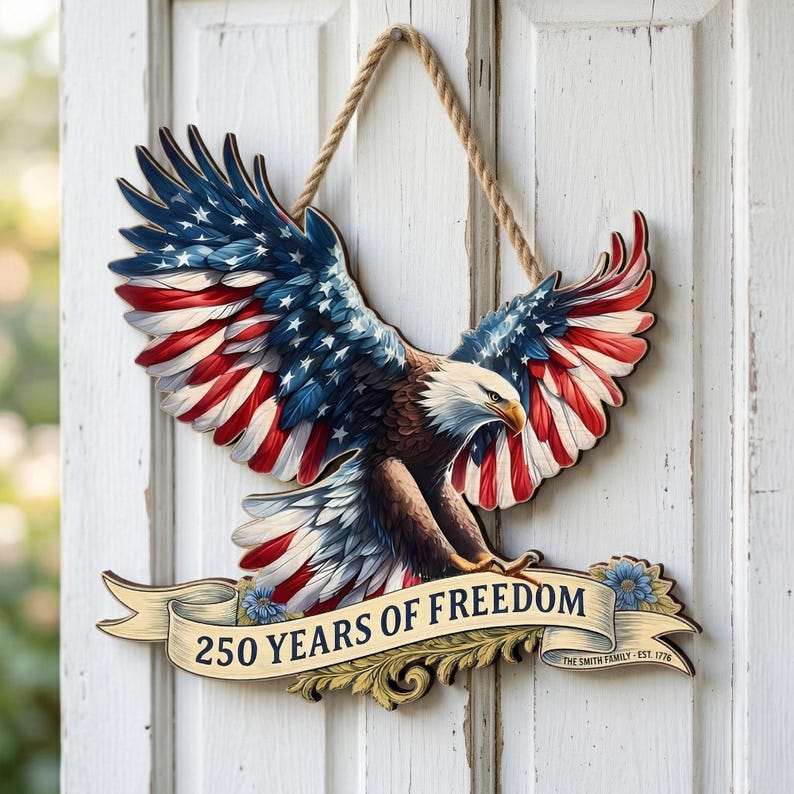 250 Years America Wooden Sign, Patriotic Door Decor, American Flag Eagle Wall Art, Independence Day Gift