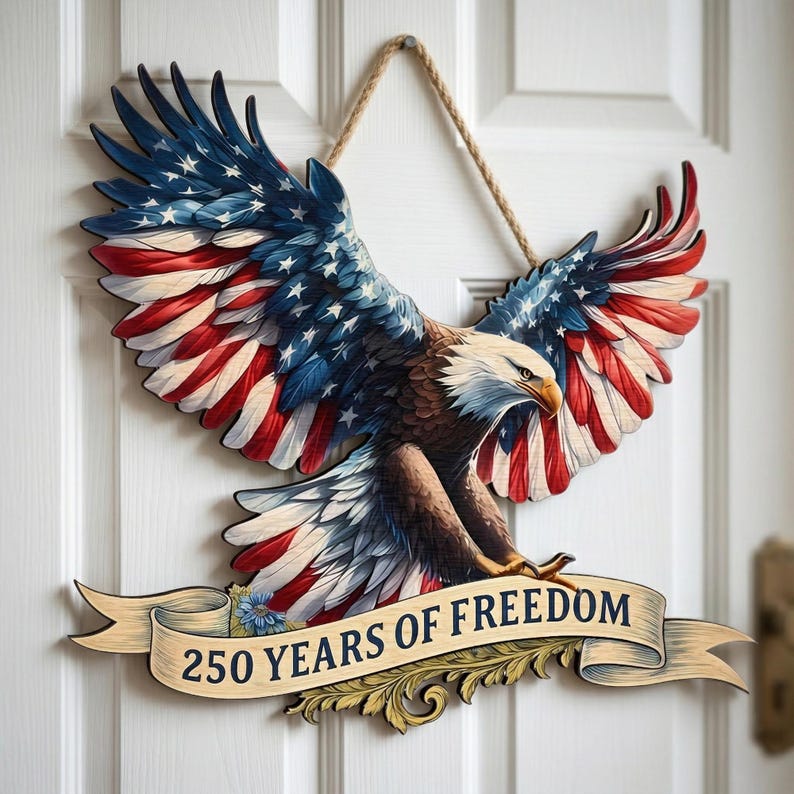 250 Years America Wooden Sign, Patriotic Door Decor, American Flag Eagle Wall Art, Independence Day Gift