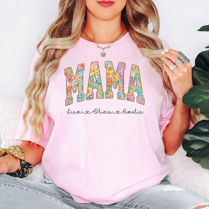 Mama Floral T-Shirt, Personalized Mama Shirt, Custom Kids Names Shirt, Mothers Day Gift, Floral Name Tee, Mom Gift Shirt