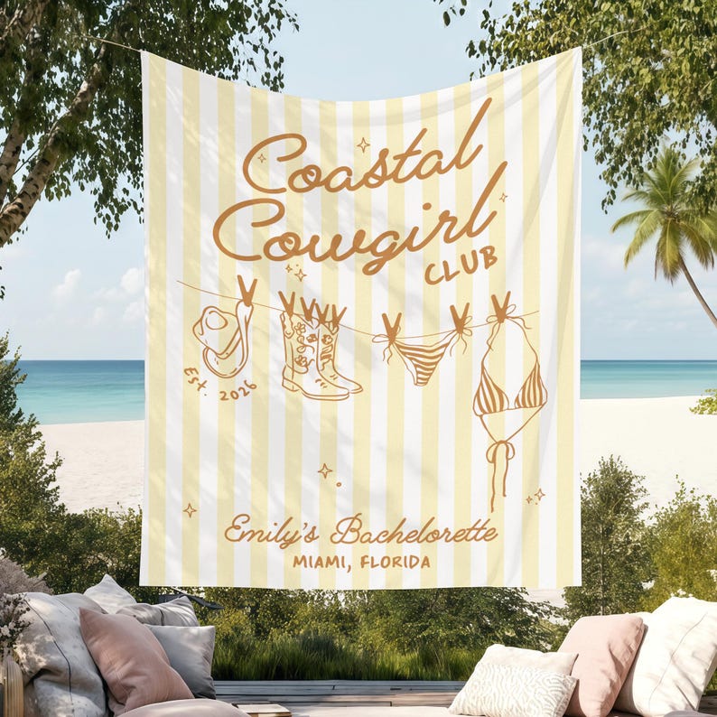 Coastal Cowgirl Bachelorette Party Banner, Custom Coastal Bachelorette Tapestry,Beach Bachelorette Photo Backdrop,Cowgirl Bridal Shower Sign