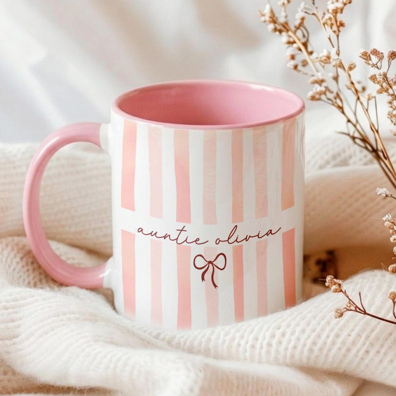 Personalized New Auntie Striped Mug, Custom Pregnancy Reveal Mother's Day Gift, New Aunt Gift Ideas