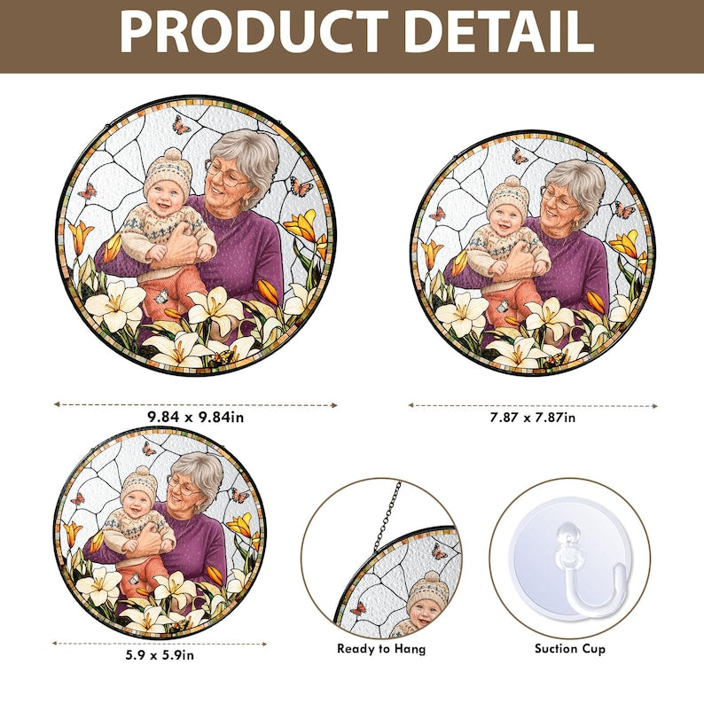 Personalized Photo Portrait Mom Stained Glass Suncatcher, Grandma & Grandkids Image