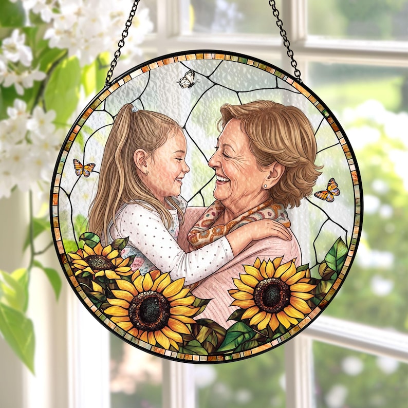 Personalized Photo Portrait Mom Stained Glass Suncatcher, Grandma & Grandkids Image