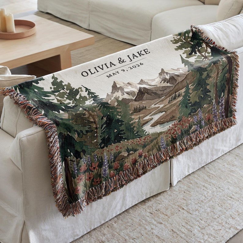 Personalized National Park Woven Blanket Outdoorsy Couple Wedding Gift Forest Scene Adventurous Hiking