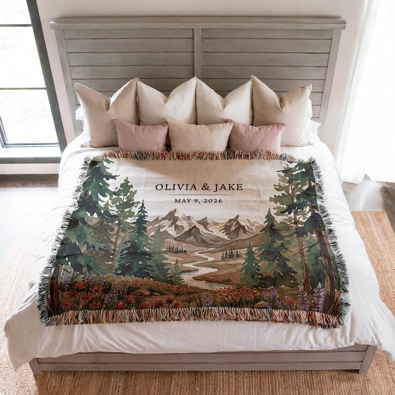 Personalized National Park Woven Blanket Outdoorsy Couple Wedding Gift Forest Scene Adventurous Hiking