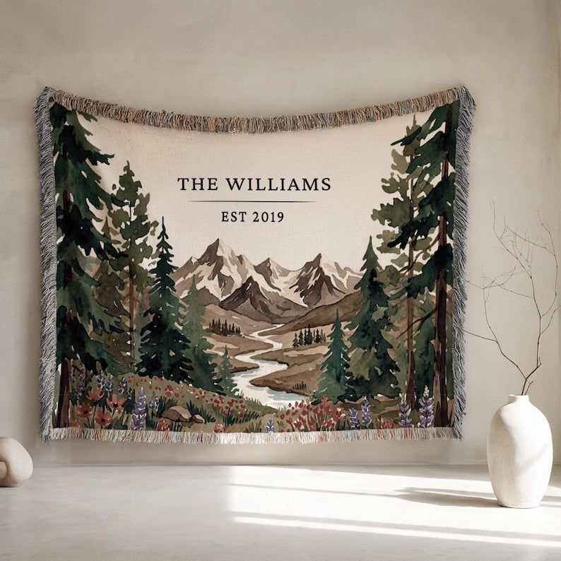 Personalized National Park Woven Blanket Outdoorsy Couple Wedding Gift Forest Scene Adventurous Hiking
